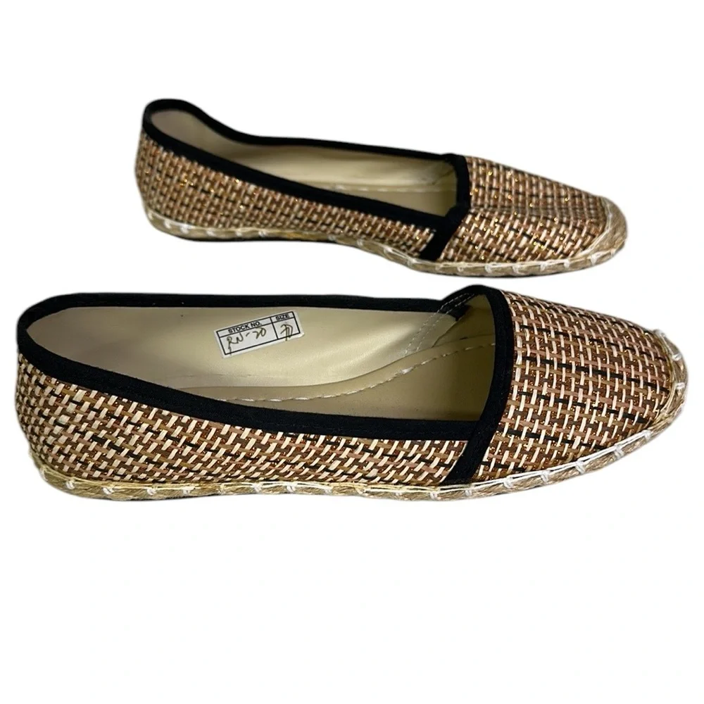 Anson Espadrille Flats Tan Black and Metallic Copper Woven Raffia Shoes Womens 7